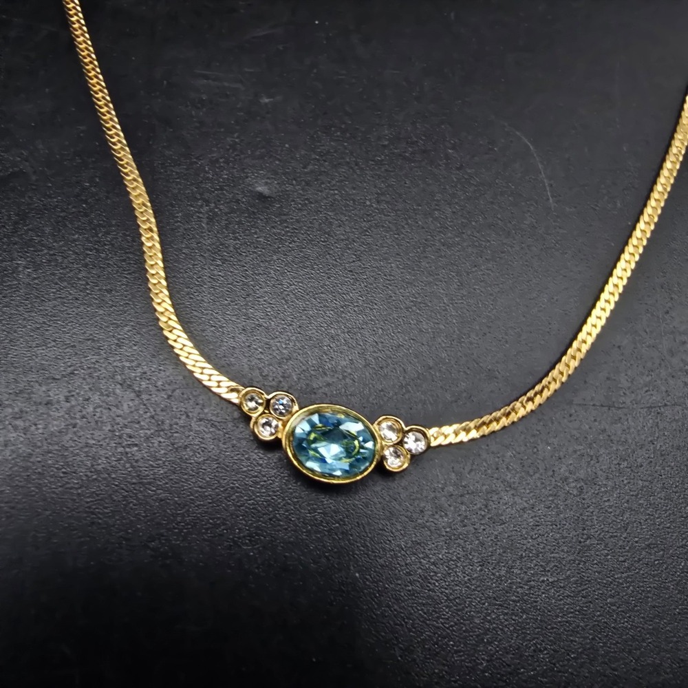 Avon 1990 Pastel Facets Necklace Blue Rhinestone Gold Tone Vintage